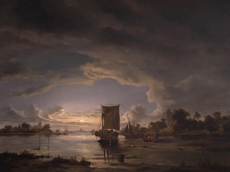 1803-Jacob Abels - Vasto paesaggio fluviale con barca a vela